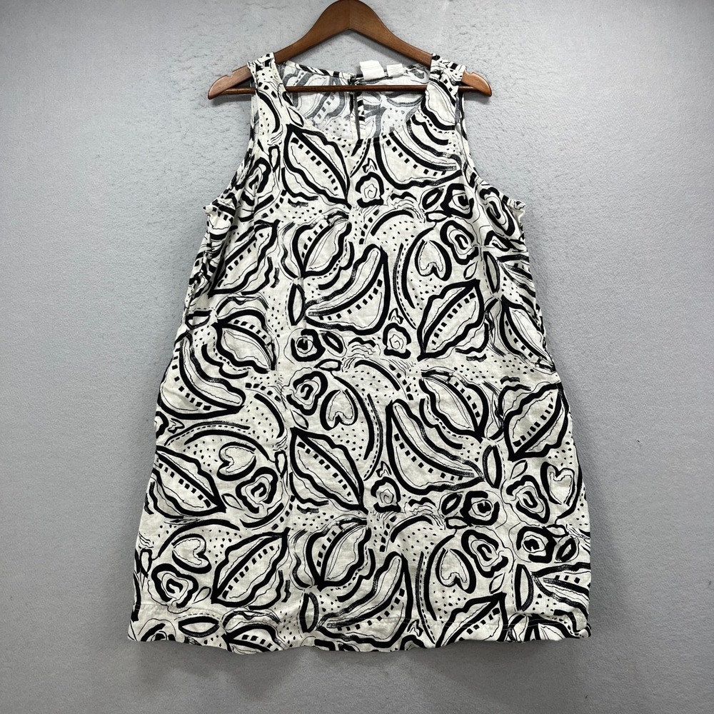 C&C California Dress Womens 1X White Black Abstract Linen Shift Boho Chic Artsy